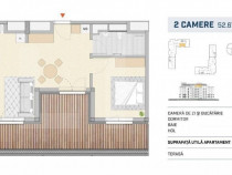 Apartament 2 camere, finisat cu terasa, orientare SUDICA