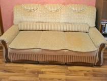 Canapea 3 Locuri Premium, Extensibilă, Crem + Lemn Masiv