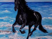 Tabloul " Calul, Black beauty si marea", pictura ulei,panza