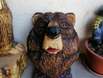 Trofeu-sculptura din lemn cu Drujba cap de urs