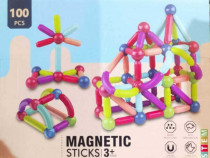 Joc de construit magnetic, pentru copii, STEM, cuburi, sticks, 100 pie