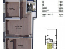Apartament de 3 camere semifinisat, 79mp, bloc nou, zona lin