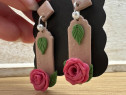 Cercei un trandafir, hand-made, lut polimeric Fimo