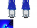 Set 2 becuri pozitie T10 auto 5 LED SMD SMT, lumina albastra