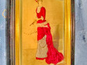 5836-Aplica tablou vechi-Femeie de epoca cu evantai semnata G.Ciomin.