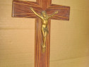 A524-Crucifix alama si lemn vechi mahon intarsiat anii 1900-