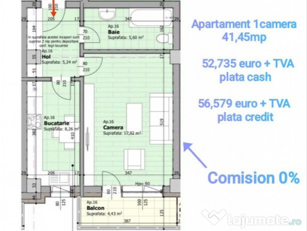 Apartament 1 camera, 41,45 mp, decomandat, Galata Iasi Sos.